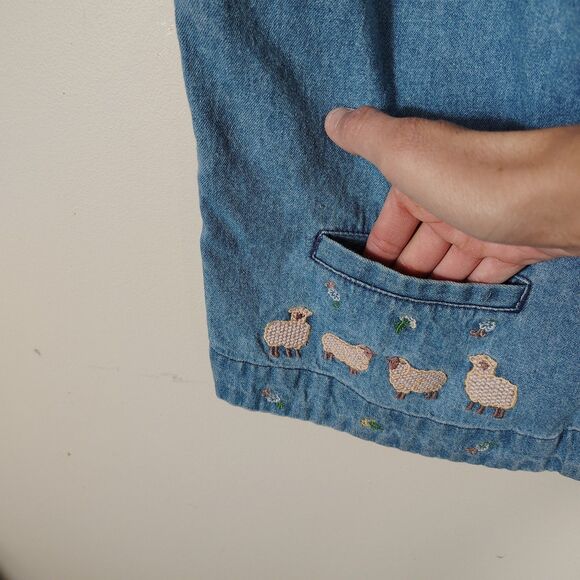 Vtg 90s Denim Vest Embroidered Sheep Flowers Cottagecore Farmhouse Country L - Picture 3 of 10
